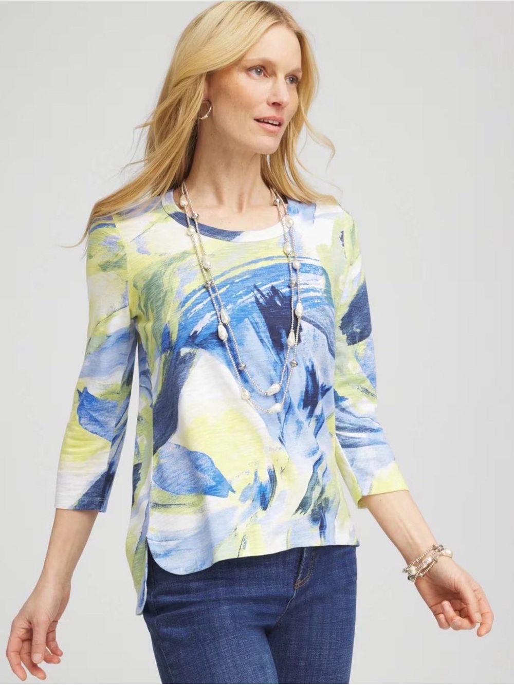 Chico's Watercolor Slub Scoop Neck Tee Luxuriously Top Soft Blue Yellow 2/L NWT